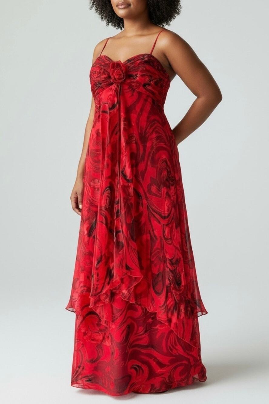 JS Collections Rosette Babydoll Formal Maxi Dress Gown US 12 Red Layered Y2K